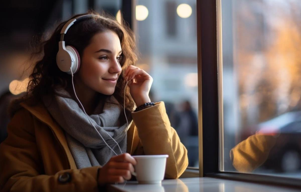 فتاة جميلة تحتسي القهوة وتستمع إلى الموسيقى-التشافي بالغذاء